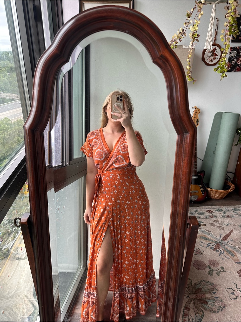 Rust Orange Floral Wrap Maxi Dress